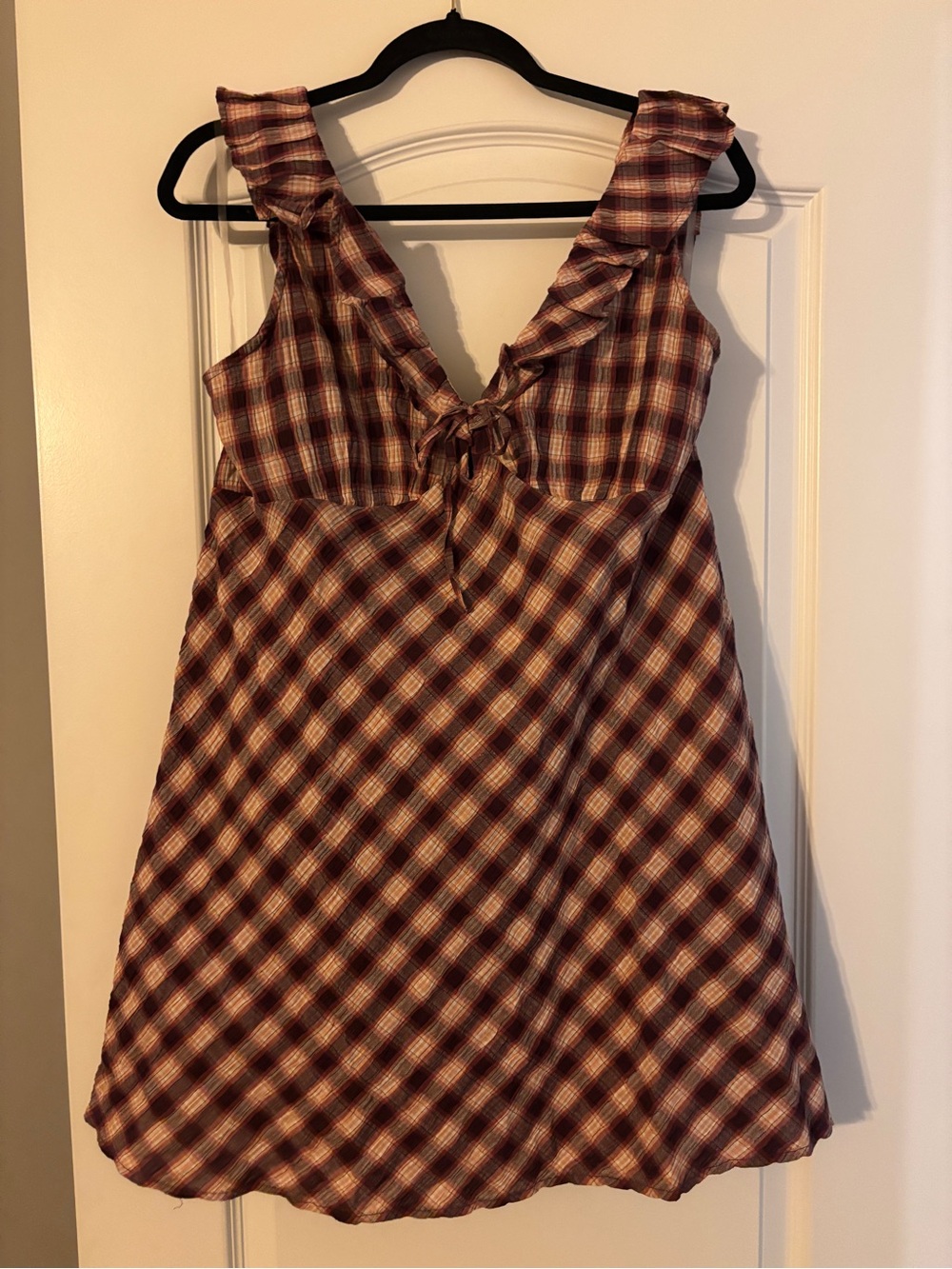 American Eagle Outfitters Burgundy Plaid Ruffle Tie-Front Mini Dress